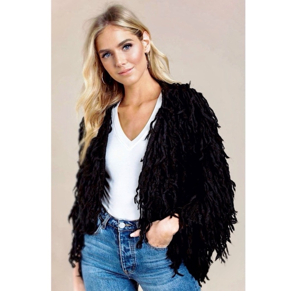 Black Faux Fur Shaggy Fringe Cardigan / Coat